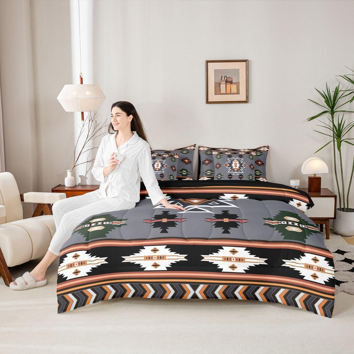 Erosebridal Western Comforter Set 7 Piece Bed in a Bag Twin | Bohemian Decor Geometric Bedding Sets Boho Aztec Comforter and Sheet Set, Ethnic Tribal Arrow Bed Sets,Grey