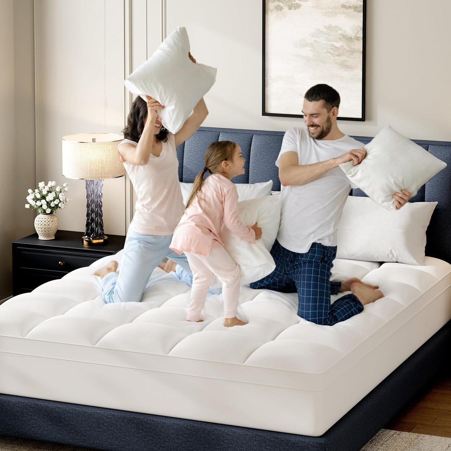 Topllen Queen Mattress Topper for Back Pain Relief – Extra Thick Pillow Top Plush Mattress Pad with Deep Pocket, Soft Pillowtop Queen Size Bed Toppers Filled Fluffy Down Alternative, White