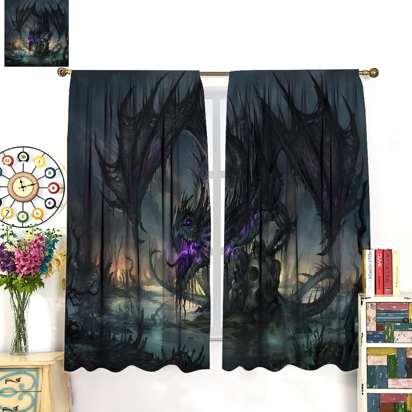 Game Room Curtain Black Dragon Curtain Skeleton Gothic Decoration Window Treatments Fantasy Dream Theme Blackout Window Curtain Rod Pocket Window Curtain Drapes for Living Room Bedroom 42x45in