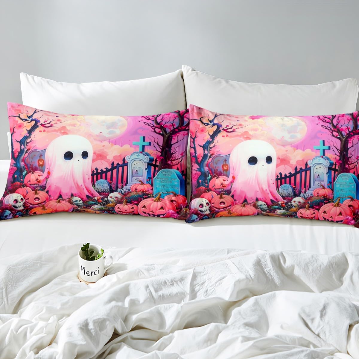 Farmhouse Halloween Night Fitted Bottom Sheet Full Size,Pink Moon Night Cute Ghost Sheet Set Soft Polyester Bedding,Gothic Pumpinks Skull Rustic Style Bed Cover(1 Fitted Sheet+2 Pillow Cases)