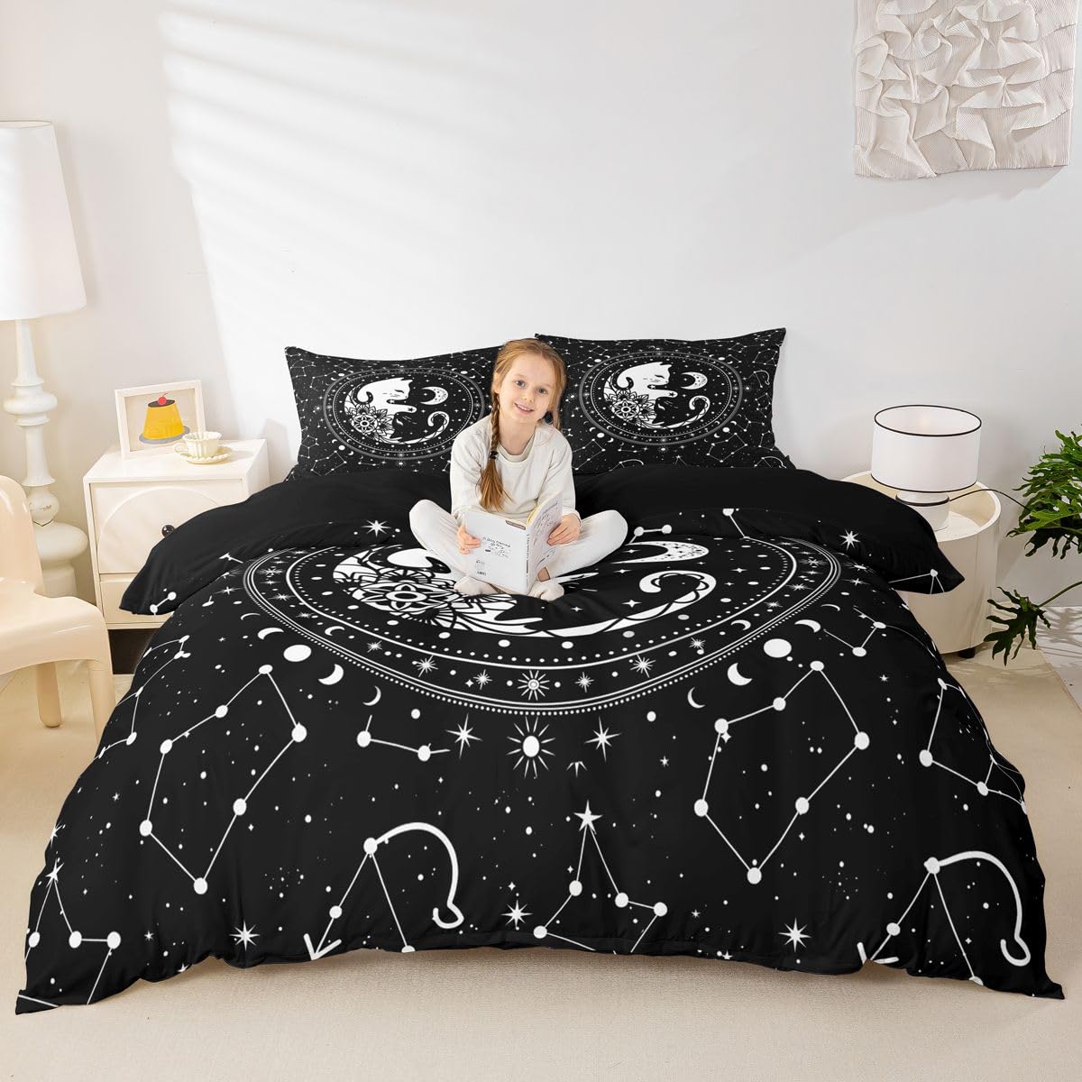 Tai Chi Cats Duvet Cover King,Gothic Starry Galaxy Moon Constellation Bedding Set 3pcs Kids Teens Boy Girls Room Decor,Animals Flower Plants Comforter Cover Black Exotic Quilt Cover with 2 Pillowcases
