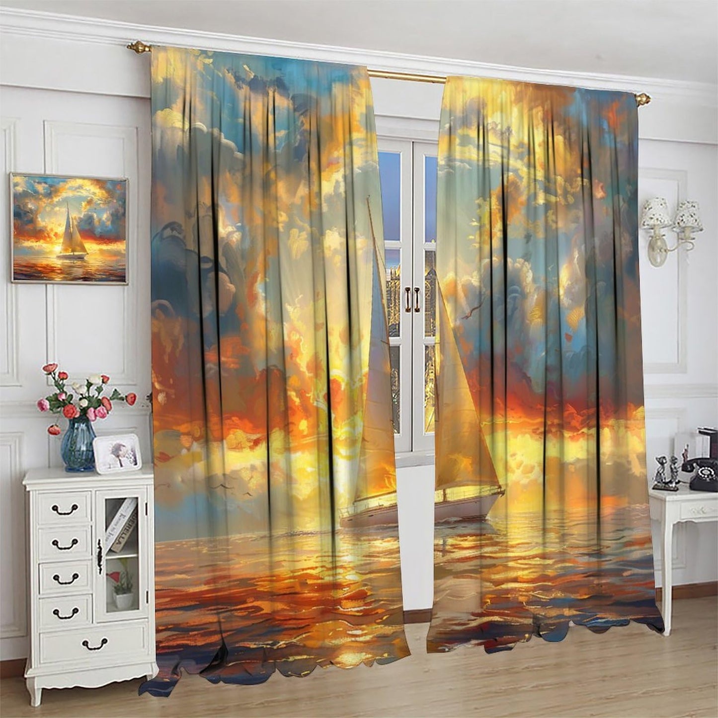 TOWINSFB Nautical Sailboat Sunset Blackout Curtains for Living Room Bedroom, Classic Sky Cloud Coastal Ocean Window Curtains Rod Pocket Thermal Insulated Window Drapes, 2 Panels, Each 21W x 45L