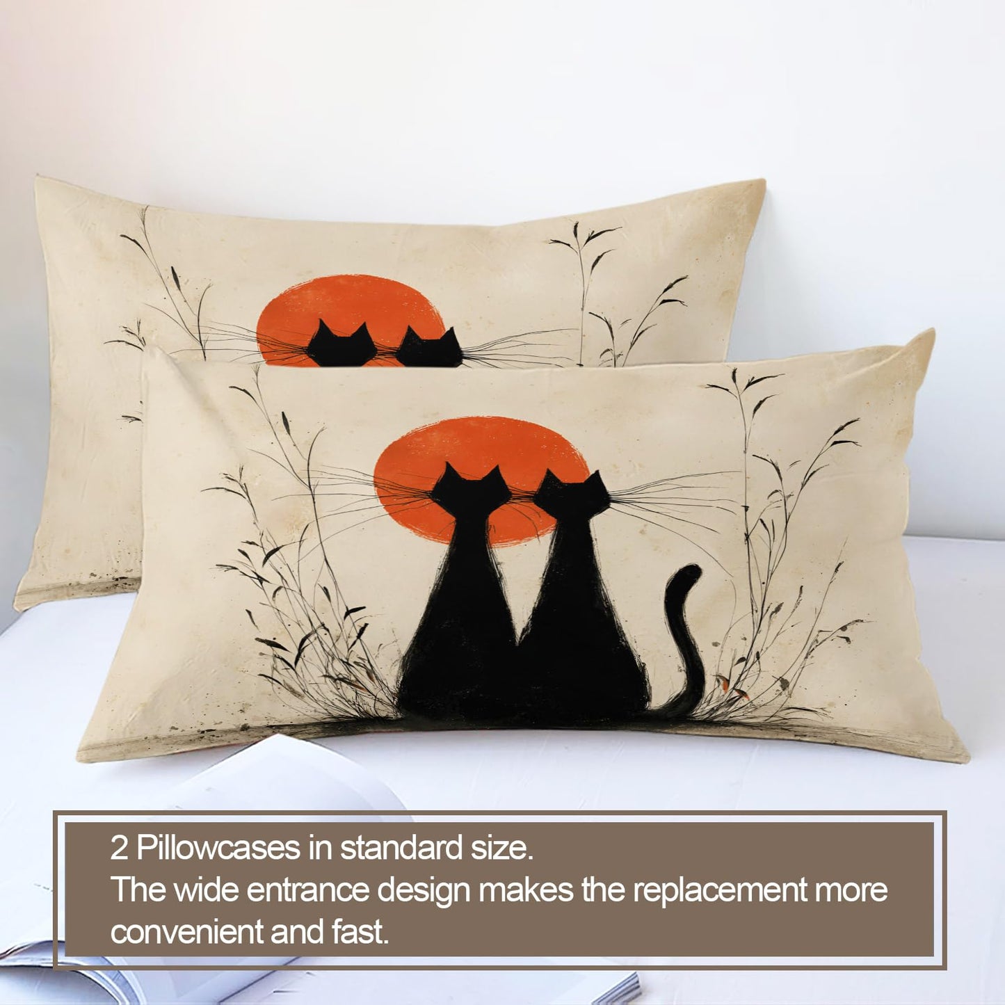 ZAMODE Cat Comforter Cover Queen Size 90" x 90", Retro Black Kitten Duvet Cover, Cat Lovers Bedding Set with 2 Pillowcases