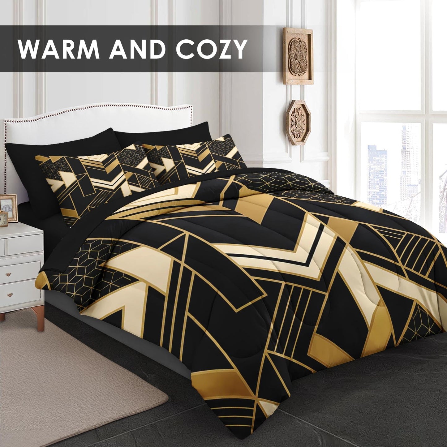 WeCozy Full Size Comforter Set with 2 Pillowcases & 2 Shams, Geometric Gold Black 7 Pcs Bedding Set for Kids and Adults, Modern Abstract Bed in a Bag with Flat Sheet and Fitted Sheet