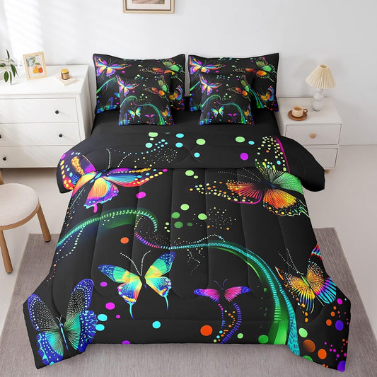 jejeloiu Butterfly Galaxy Comforter Set with Sheets Queen Size Kids Glitter Butterfly Flying 7 Pieces Bedding Set for Boys Girls Teens Colorful Bed in a Bag Breathable Bedroom Decor