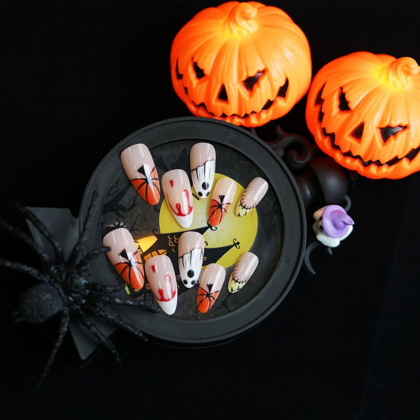 IMSOHOT Halloween Press on Nails Medium Almond Fake Nails Acrylic French Tip False Nails with Ghost, Pumpkin Designs Glossy Full Cover Cute Artificial Glue Stick on Nails 24Pcs