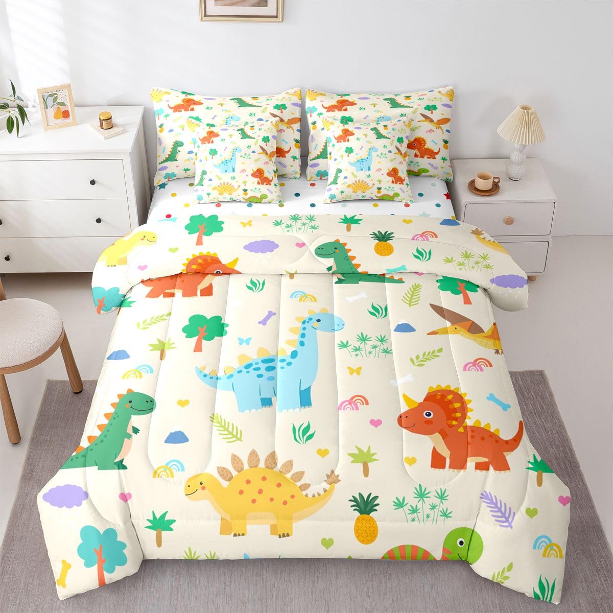 Feelyou Cute Dinosaur Comforter Set with Sheets 7 Piece Full Size Boys Dinosaur Bed in a Bag Kids Boys Girls Cartoon Animal Bedding Set Bedroom Decor Breathable Soft Lightweight Microfiber