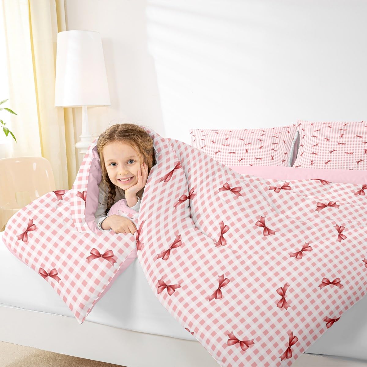 Erosebridal Girls Bow Comforter Set Pink Buffalo Plaid Full Size Bedding Sets | Cute Ribbon Bowknot Comforter Kawaii Grid Lattice Bow Tie Bed Set