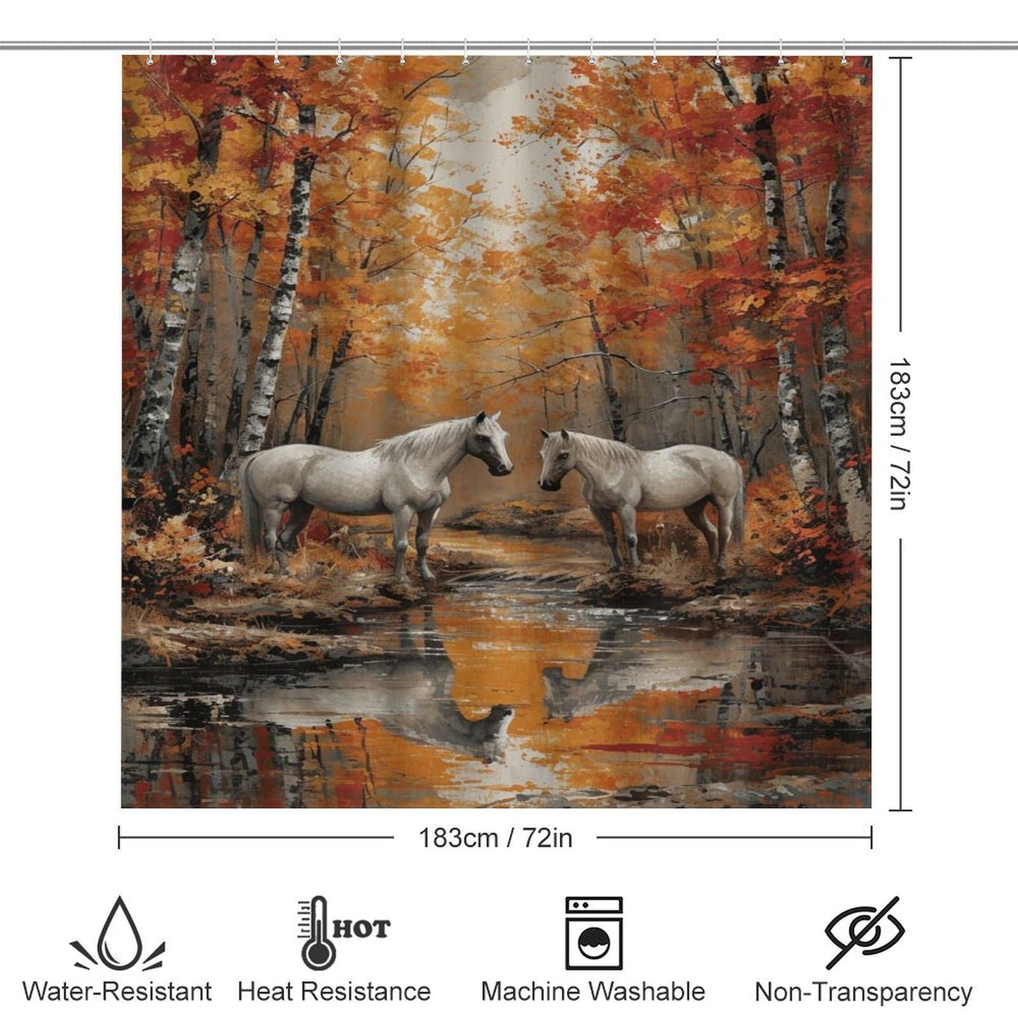 FOCCAFB Abstract Forest Horse Shower Curtain Sets with Non-Slip Rug, Toilet Lid Cover and Bath Mat, Nature River White Animal Shower Curtain Sets with 12 Hooks, Shower Curtain for Bathroom Set Decor