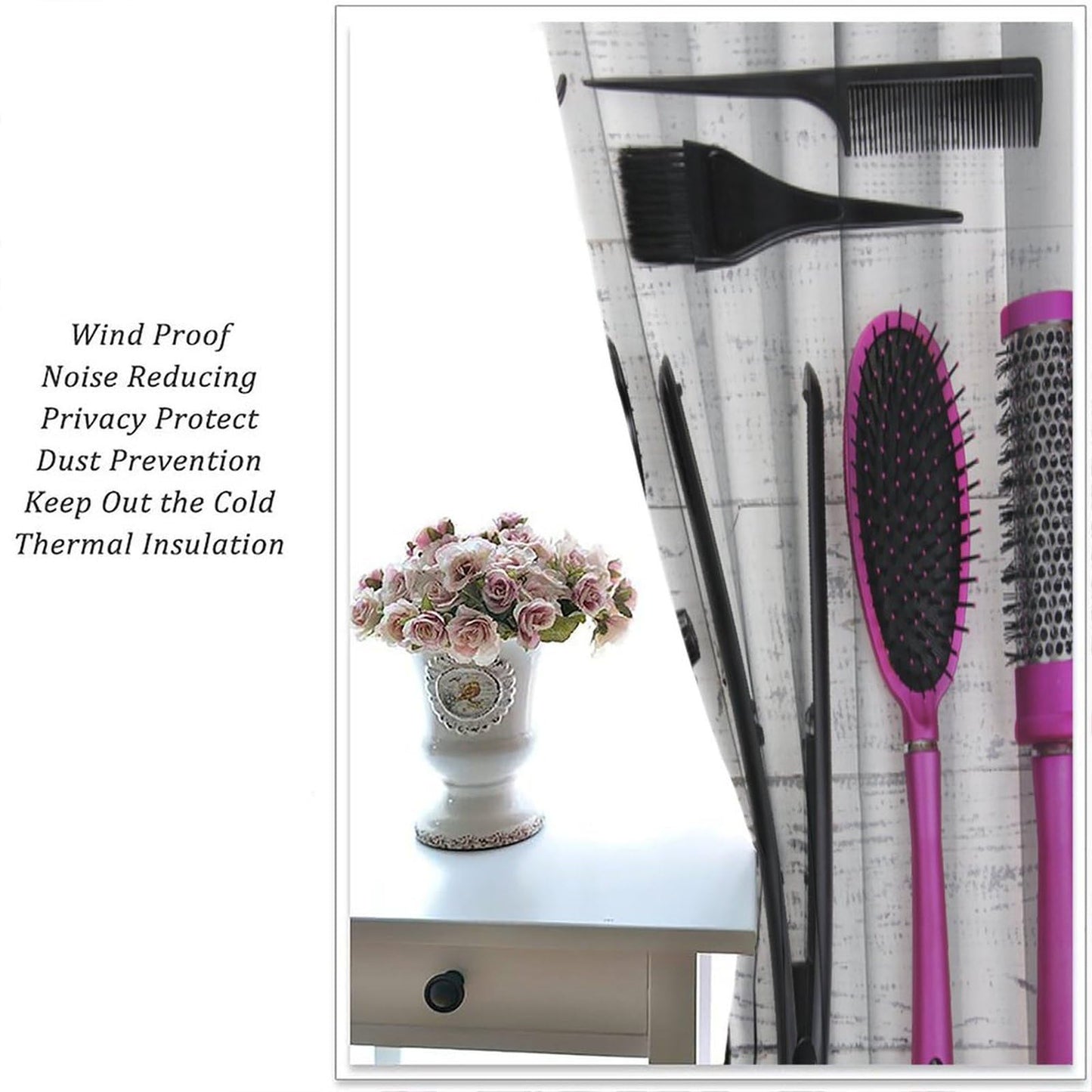 ZhiRain Fashion Makeup Curtains Hair Salon Cosmetic Haircut Equipment Hair Dryer and Comb Pattern Curtain with Rod Pocket for Home Decor Drapes Window Treatments 2 Panels Set 42x45 Inch
