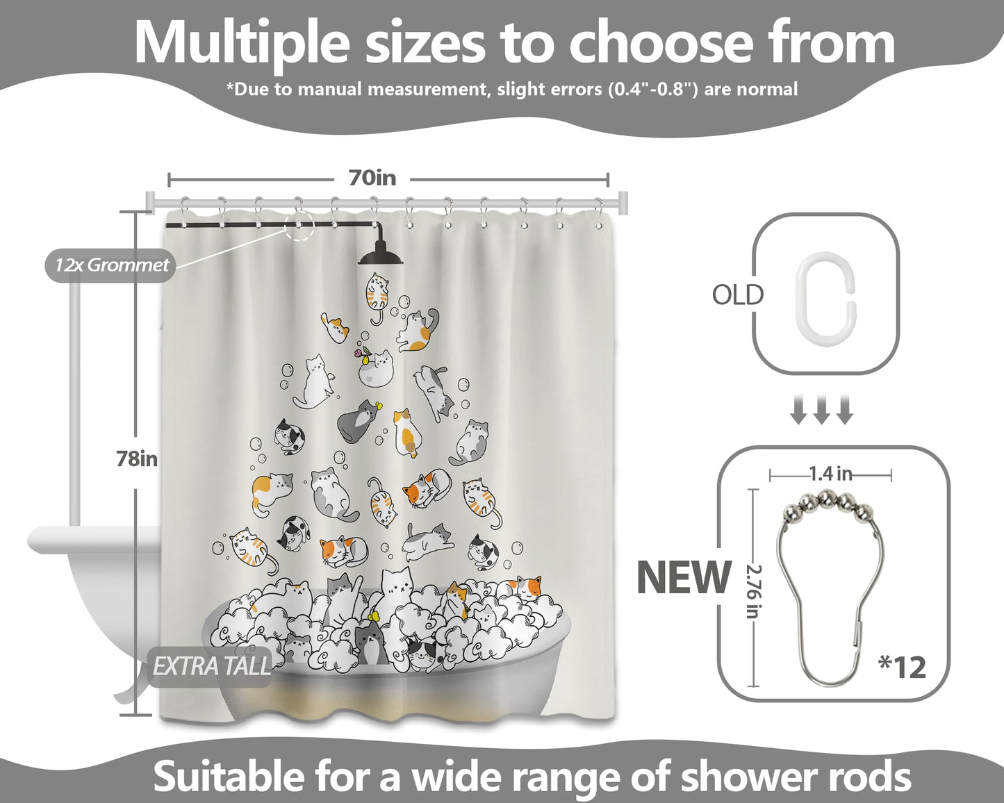 Tonmue Cute Cat Shower Curtain Kids Animal Cartoon Bathroom Decor, Waterproof Cloth Fabric with Hooks 70" W x 84" L