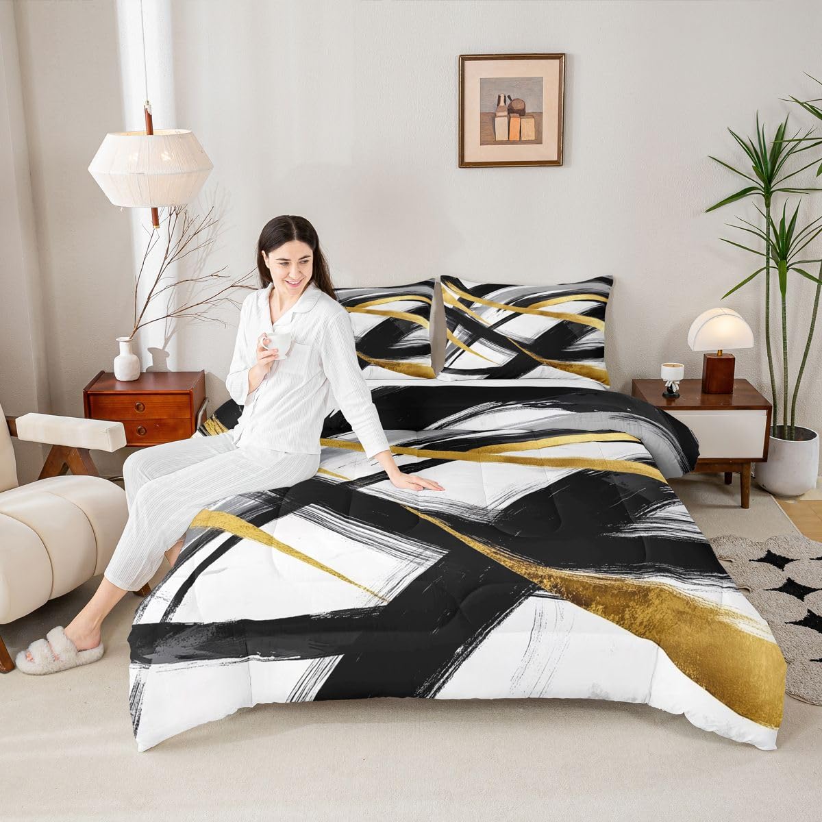 jejeloiu Black Gold Comforter Set Queen Size Geometric Bedding Set for Kids Boys Girls Stripe Line Duvet Quilt Modern Abstract Bedroom Decor Microfiber 3 Pcs with 2 Pillow Cases