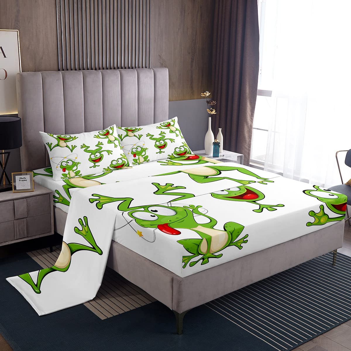 Feelyou Kawaii Decor Frog Bed Sheets Set Boys Cartoon Animal Theme Sheet Set for Kids Teens Ultra Soft Nature Sheets with Deep Pocket Fitted Sheet Funny Cartoon Frog Bedding Set Room Decor Full Size