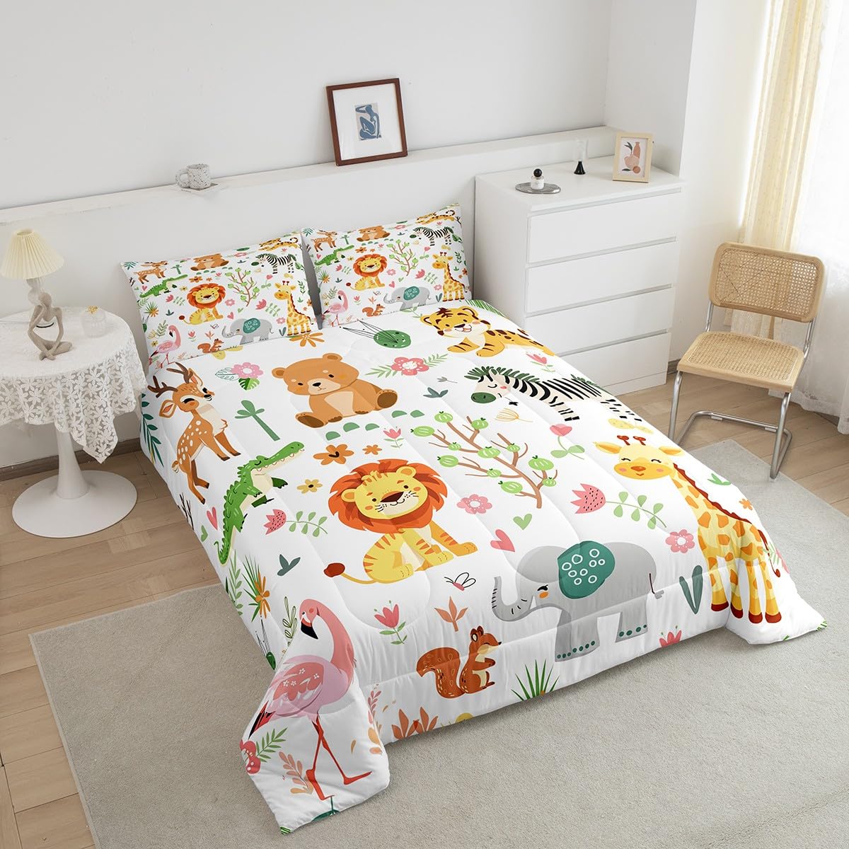 Feelyou Full Size Cartoon Lions Giraffe Comforter Set Zoo Animals Bedding Set Flamingo Zebra Comforter for Kids Boys Girls Kawaii Animals Duvet Insert 3Pcs