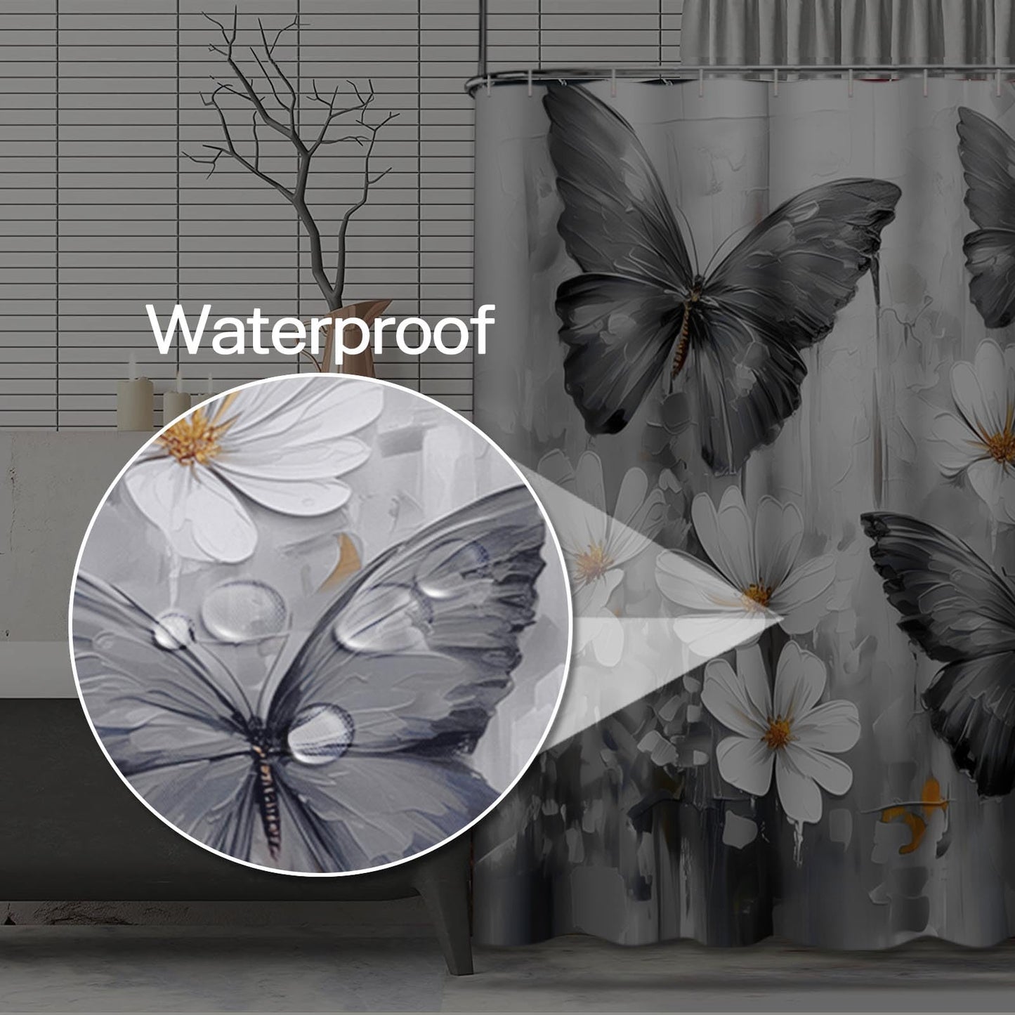 Emvency Shower Curtain Tropical Morpho Butterflies Daisy Flowers Black Bathroom Home Decor Waterproof Polyester Fabric 72 x 72 inches Set with Hooks