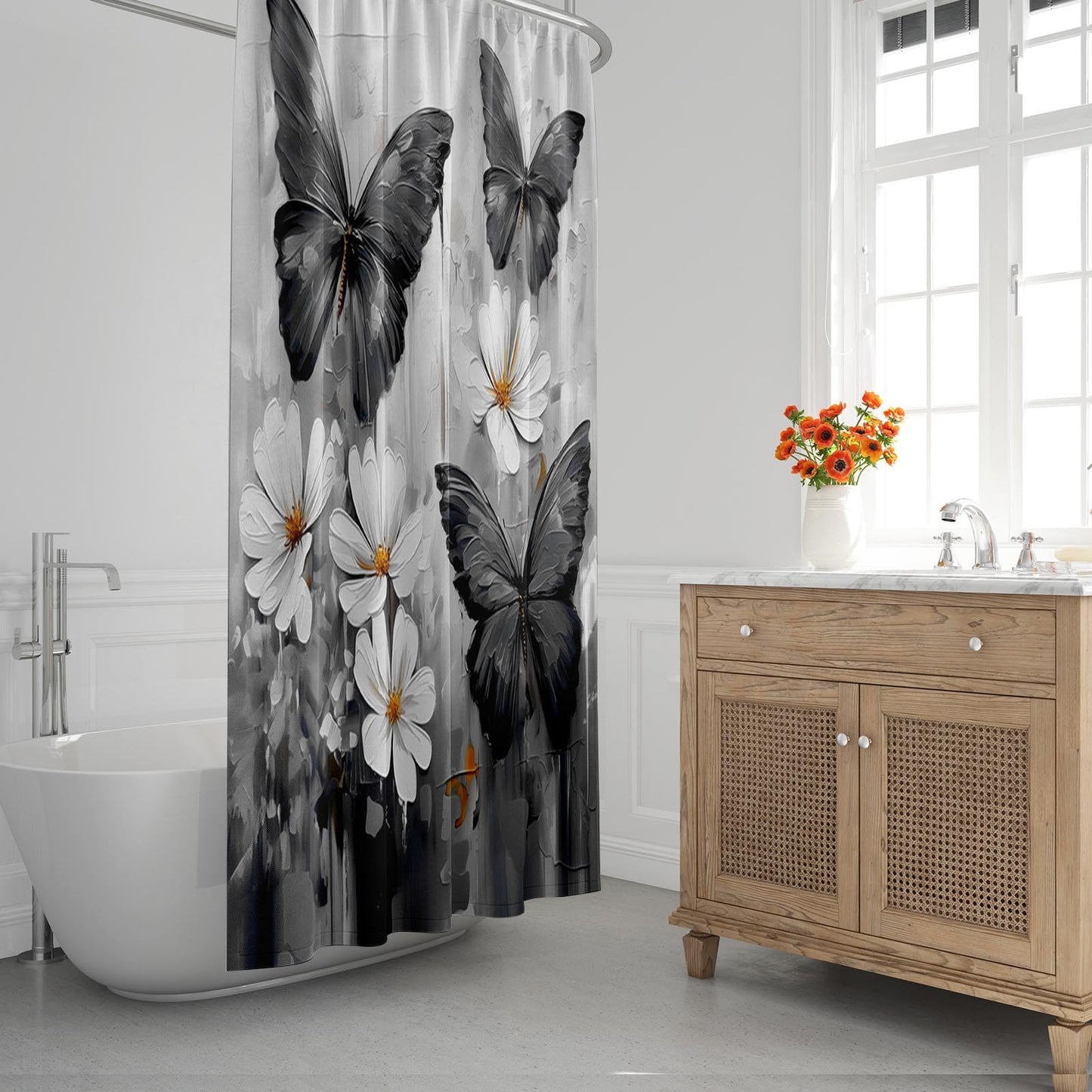 Emvency Shower Curtain Tropical Morpho Butterflies Daisy Flowers Black Bathroom Home Decor Waterproof Polyester Fabric 72 x 72 inches Set with Hooks