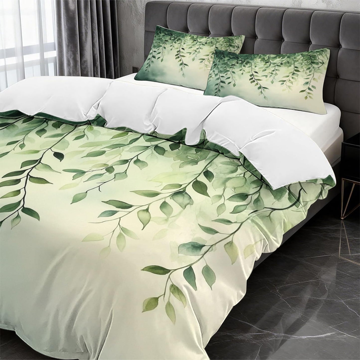 TEERRLLTW Floral Botanical Boho Flower Designed Duvet Cover Set, 3 Piece Soft Bedding Set (1 Duvet Cover and 2 Pillowcases), Floral Comforter Cover Set (Greenery Willow Leaves, Full (80" x 90"))