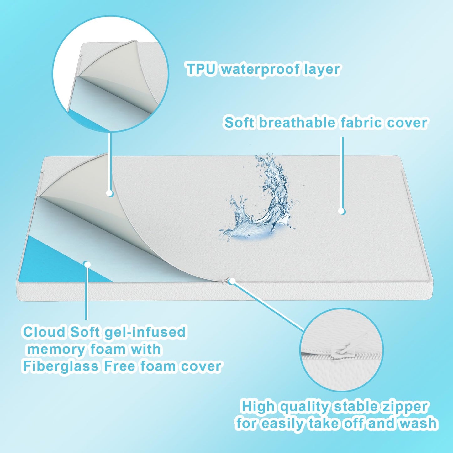 Moonlightfamily 2"x27.5"x52" Mattress Topper, 27.5" Wx52 L Size with Super Soft Water-Resistant, Detachable & Machine Washable Cover, CertiPUR-US Certified Gel-Infused Memory Foam Pad, Pure White