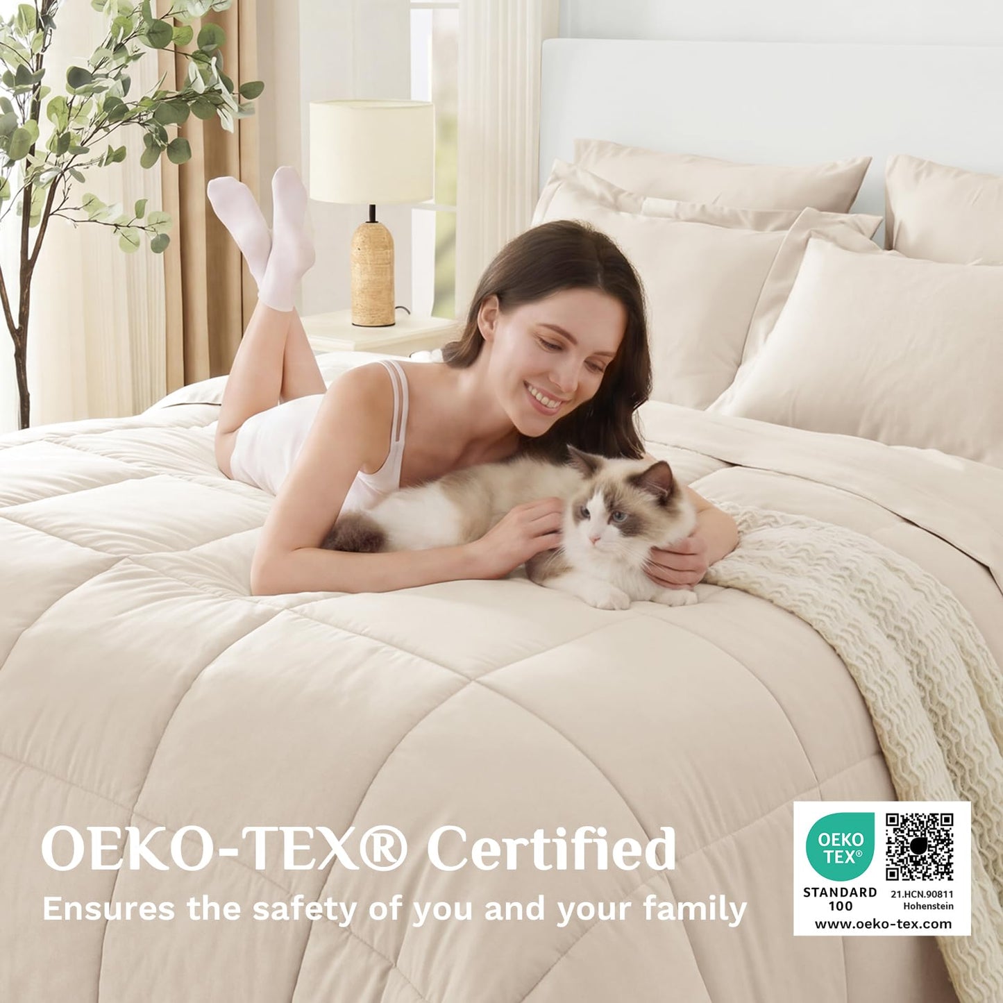 JOLLYVOGUE Queen Comforter Set, Ultra-Soft Bed in a Bag Queen Size 7 Pieces, Oeko-TEX Certified Bedding Set with Down Alternative Comforter, Sheets, Pillowcases & Shams, Beige