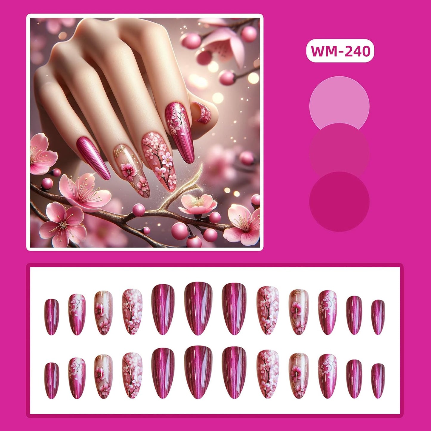 Rose Red Press on Nails Medium Length Almnd Shaped Pink Peach Blossom Pattern Design Artificial Acrylic False Nail Full Cover Glossy Floral Stick on Nail Press Ons Glue on Nails for Women 24Pcs