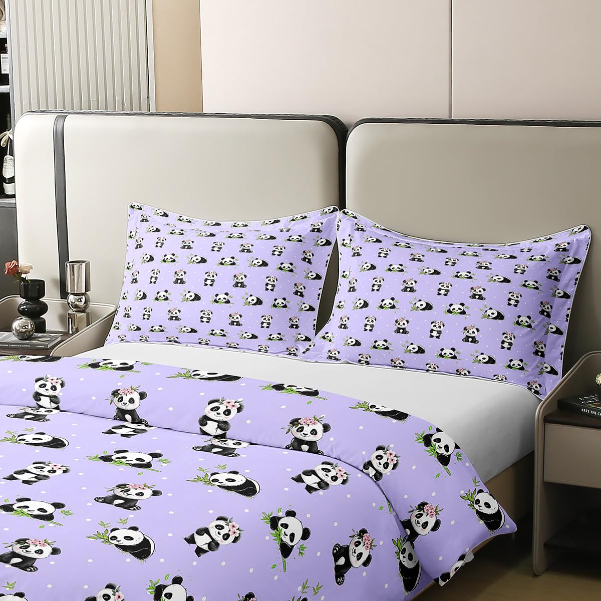 Manfei Kawaii Panda 100% Cotton Duvet Cover Set Twin Size, Cute Panda Print Bedding Set 2pcs, Cartoon Animals Purple Quilt Cover, Kids Girls Teens Room Decor, 1 Pillowcase,No Comforter