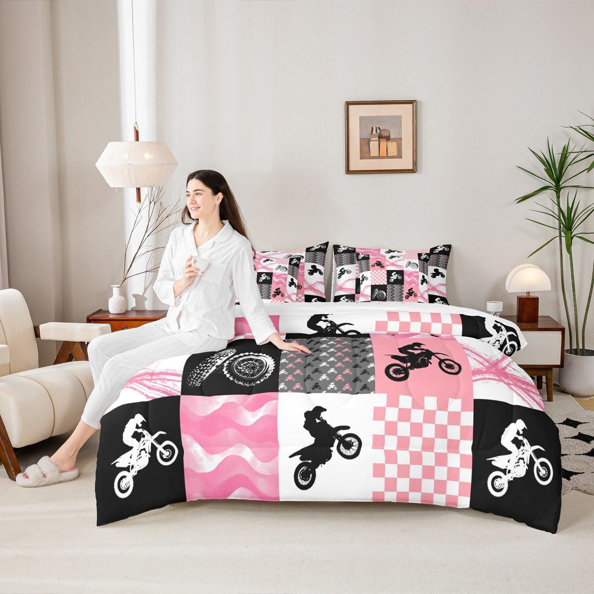 Erosebridal Motocross Twin Comforter Set 7 Pieces, Dirt Bike Bed in A Bag, Motorcycle Rider Bedding Set with Comforters, Sheets, Pillowcases Motorbike Extreme Sport Game Bedroom Decor