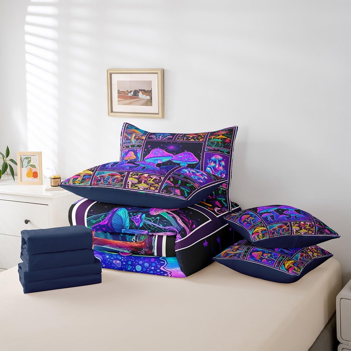 Erosebridal Mushroom Comforter Set King Size,Neon Fungus Bedding Set for Kids Teens,Psychedelic Plant (Comforter+Fitted+Flat Sheet+2 Pillowcases+2 Throw Pillow Covers) 7 Pieces Bed Set
