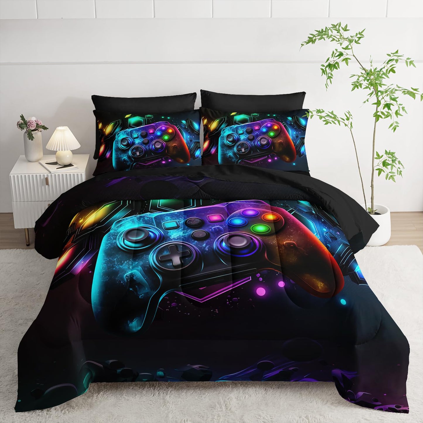 Tuzaovy Gamer Comforter Set 7 Piece Twin Size Bed in A Bag,Game Bedding for Room Decor,Soft Gaming Comforter Video Game Bedding with Fitted Sheet,Flat Sheet, Pillowcases & Shams