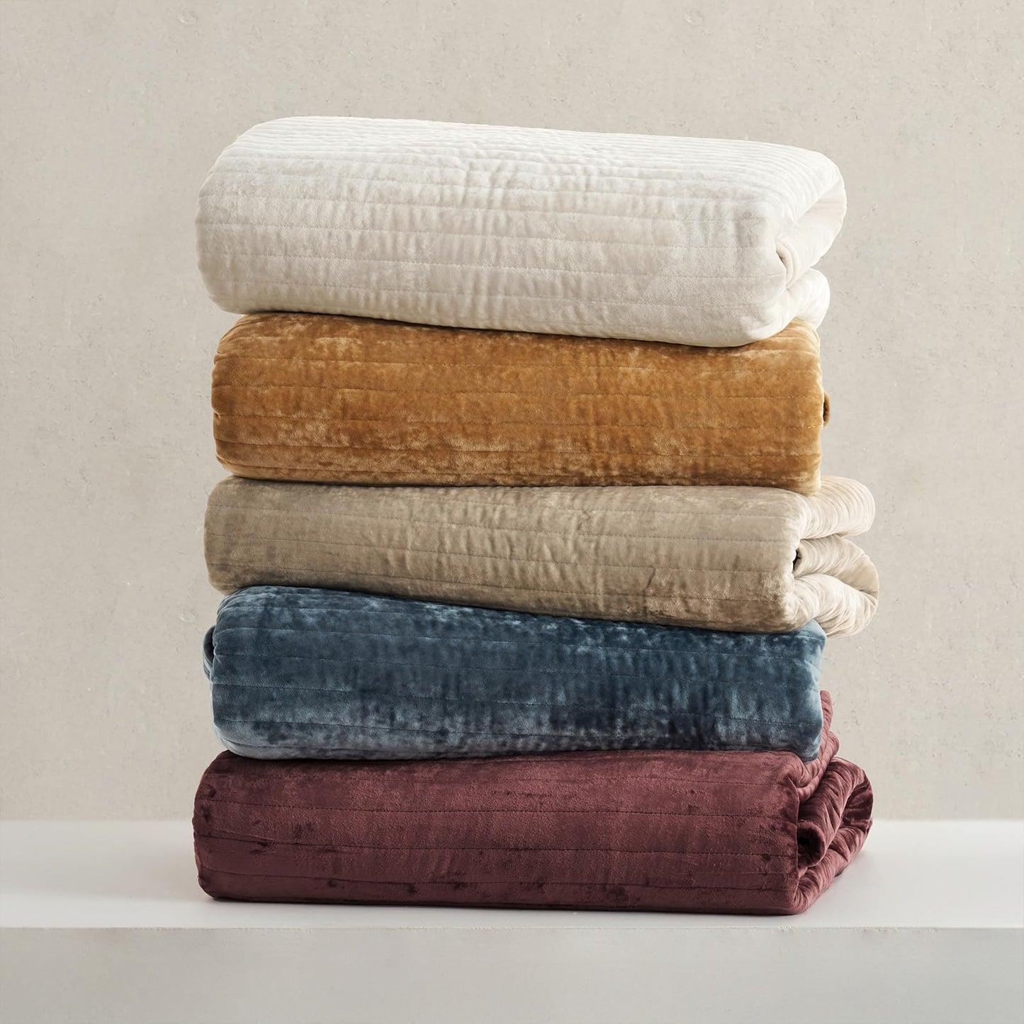 EverGrace Velvet Quilt Set King Size, Luxurious Soft Striped Channel Bedding Set, Lightweight Velvet Comforter for All Season, Oversized Bedspread Coverlet with 2 Matching Shams, Beige Taupe