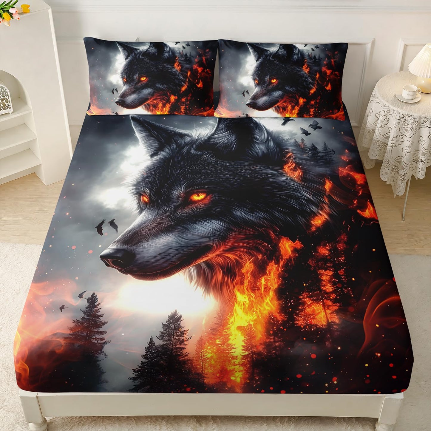 HOSIMA Wolf Twin Bedding Sets for Kids,Wolf Surrounded by Fire Print Lightweight Fitted Sheet,Animal Themed Forest Wildlife Bedding Sets for Boys Room Decor,1 Fitted Sheet+2 Pillowcases.