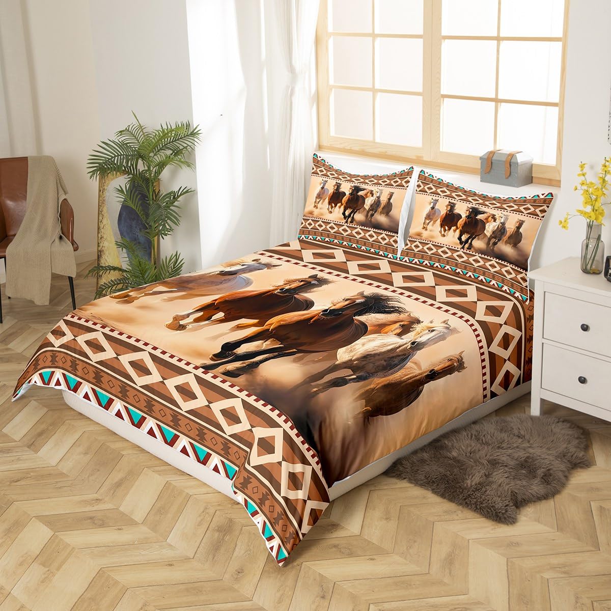 Manfei Galloping Horse Duvet Cover Set Queen Size, Wild Animal Theme Comforter Cover with 2 Pillowcases, Western Cowboy Bedding Set 3pcs for Kids Boys Girls Boho Exotic Bedspread Cover,No Comforter