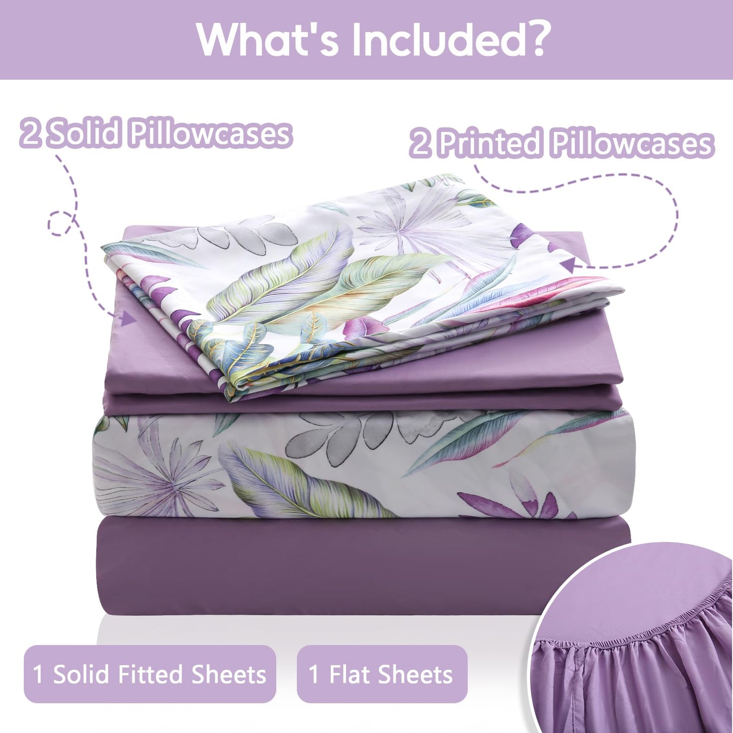 LONAVA Botaincal Queen Size 6 Pcs Sheet Set, Breathable Microfiber Deep Pocket Lavender Fitted Sheets, Comfy & Breathable Patterned Flat Sheets,4 Gentle Soft Pillowcases, Tropical
