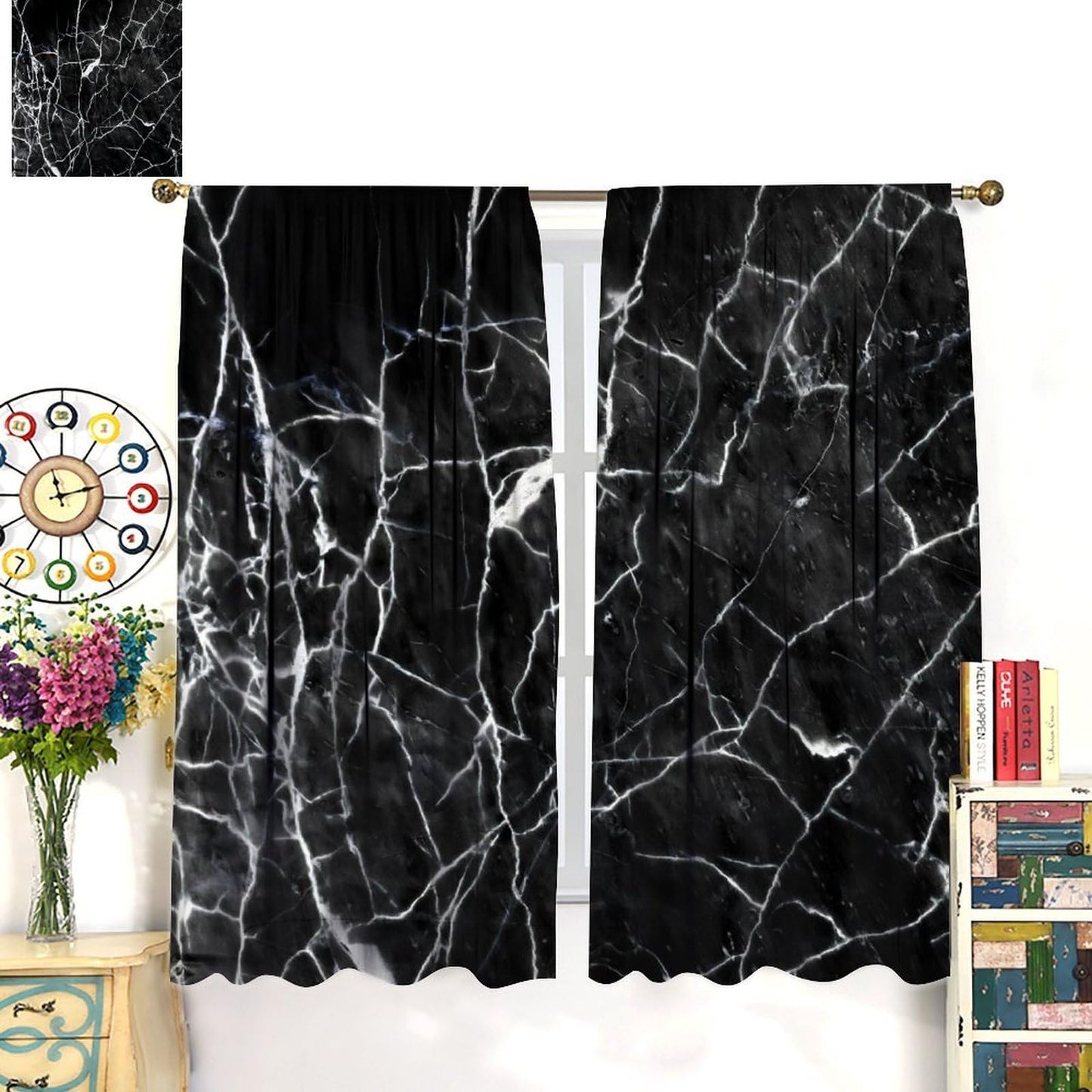 Djaby Marble Curtains, Abstract Modern Natural Black Grey Marble Window Treatments for Bedroom Living Kitchen Home 42" W X 45" L(No Blackout)