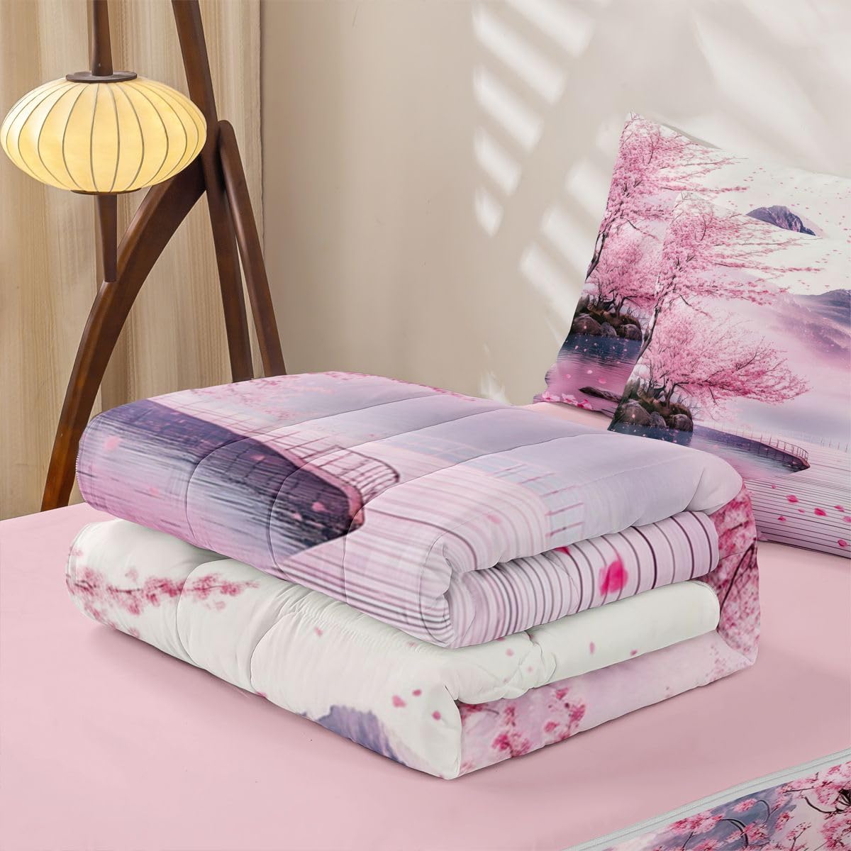 Erosebridal Pink Japanese Kids Comforter Set with Zipper, Japanese Cherry Blossom Twin Size Zipper Bedding Set, Watercolor Ink Painting Bed-in-A-Bag