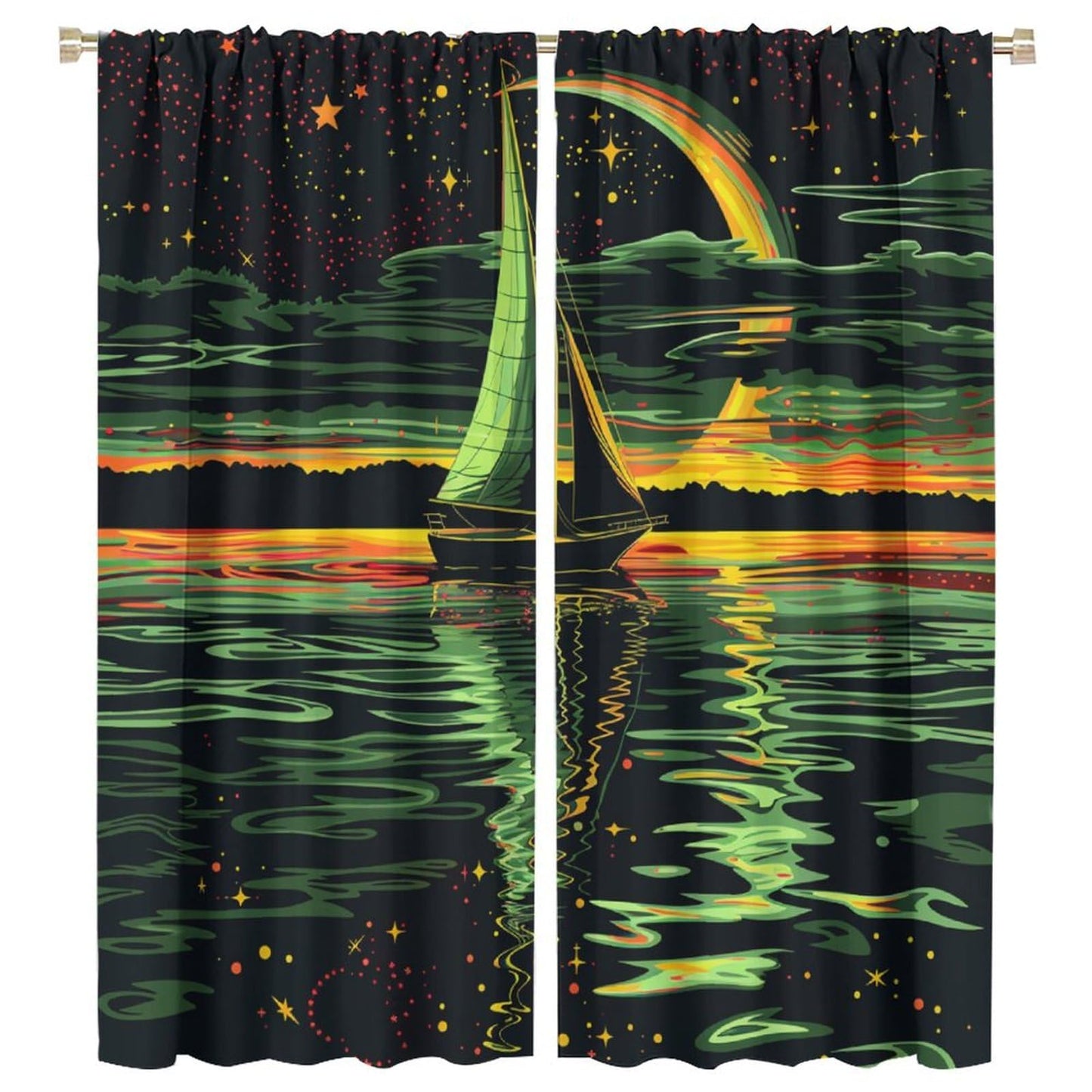 TOWINSFB Coastal Star Moon Sailboat Blackout Curtains for Living Room Bedroom, Night Scenery Nautical Ocean Window Curtains Rod Pocket Thermal Insulated Window Drapes, 2 Panels, Each 21" W x 45" L