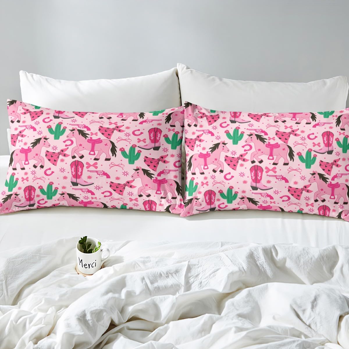 Feelyou Pink Howday Sheet Set for Kids Boys Girls Weatern Decor Sheets with Deep Pocket Fitted Sheet Queen Size Cute Horses Bed Sheets Set Bedroom Decor Riding Boots Bedding Set Pink Bow Bed Set 4Pcs