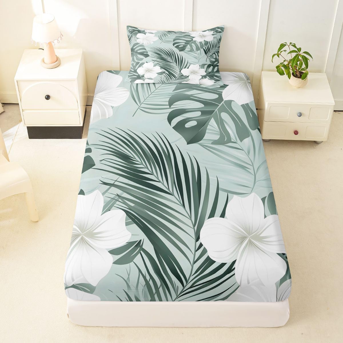 Erosebridal Tropical Floral Fitted Sheet Twin Gradient Mint Watercolor Palm Leaf Floral Bed Sheets Soft Breathable Bedding Set,Summer Hawaiian Themed Bed Cover 2 Pcs