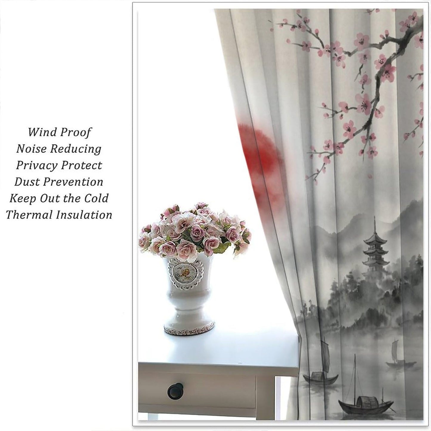 Nsbul Japanese Samurai Curtains, Ink Wash Cherry Blossom Misty Mountain Pagoda Lake Boat Oriental Window Drapes for Bedroom Living Room Home Decor, 42" W X 45" L（No Blackout