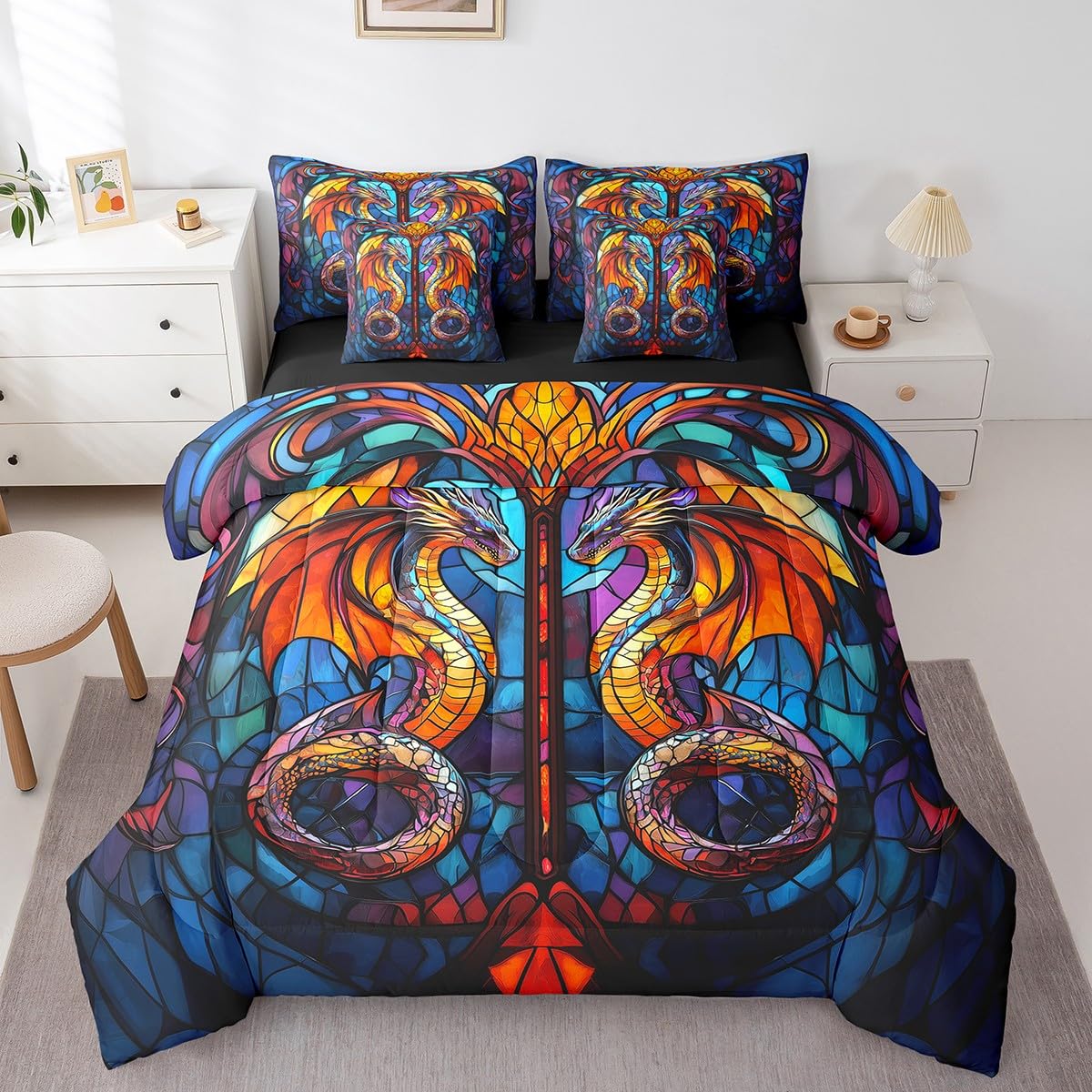 7 Pieces Retro Castle Stained Glass Comforter Set Queen,Magical Dragon Bed Set for Kids Boys Girls,Abstract Art Bedding(1 Comforter,1 Fitted Sheet,1 Flat Sheet,2 Pillowcases,2 Throw Pillow Cover)