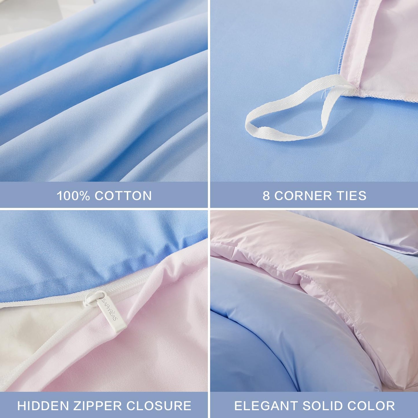 SAPHREAS Full Size Duvet Cover Blue Pink Gradient Bedding Set with 8 Corner Ties and 2 Pillow Sham Microfiber Reversible Duvet Cover Set with Zipper Closure