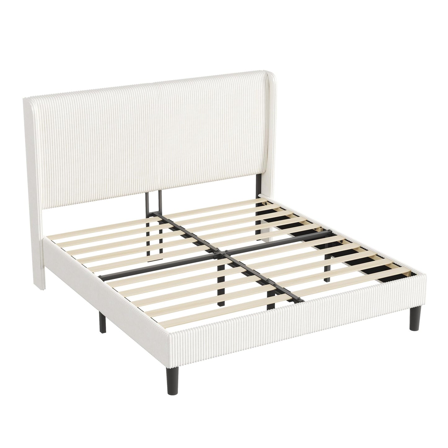 AMERLIFE King Bed Frame, Upholstered Platform Bed with Corduroy Headboard, Easy Assembly Modern White Bed Frame with Wooden Slats Support, No Box Spring Needed