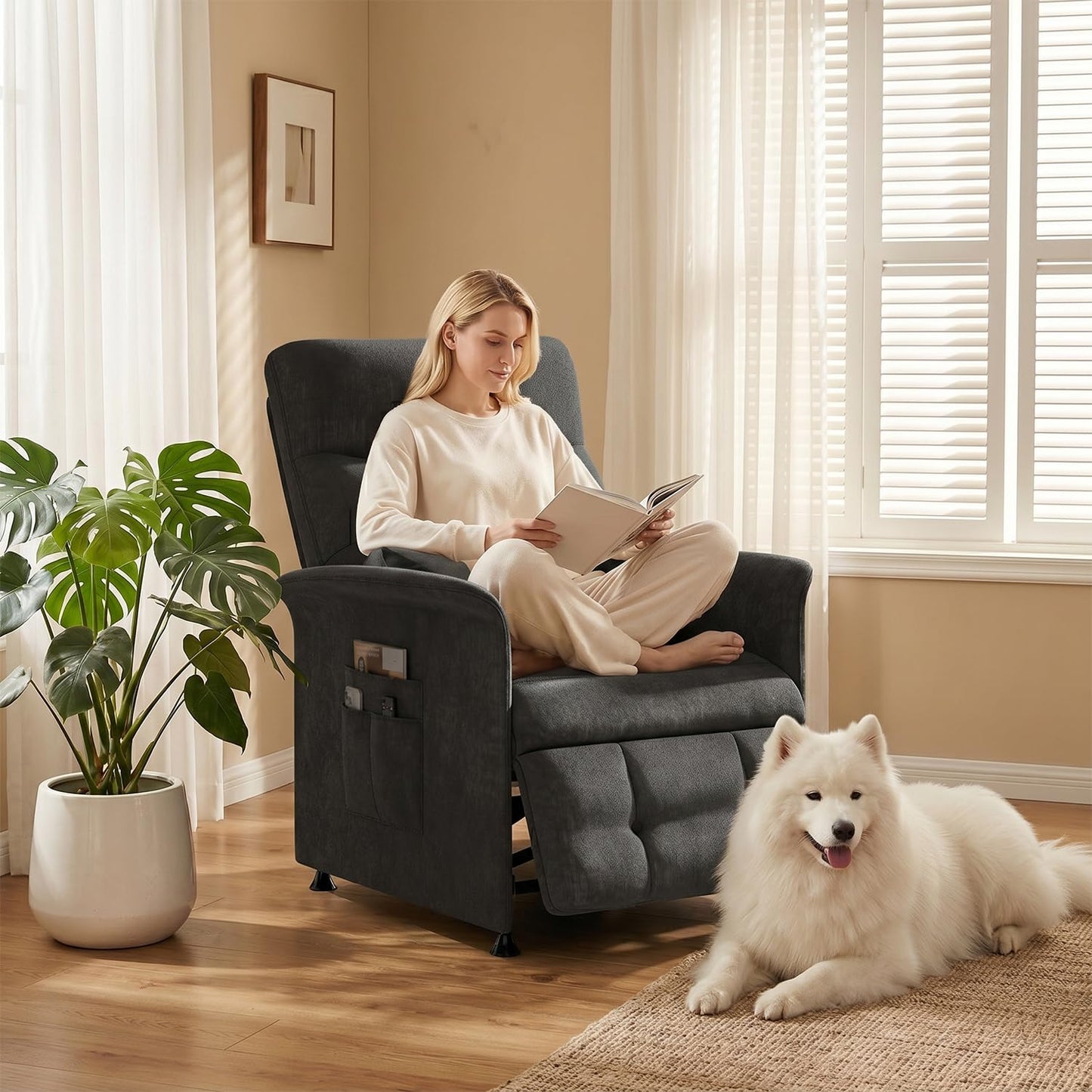 LegacyAmerhome Power Recliner Chair for Adults with Heat & Massage - Soft Fabric Electric Reclining Sofa with Remote Control, 3 Side Pockets, 180° Lay Sleeper for Home Theater Living Room, Black