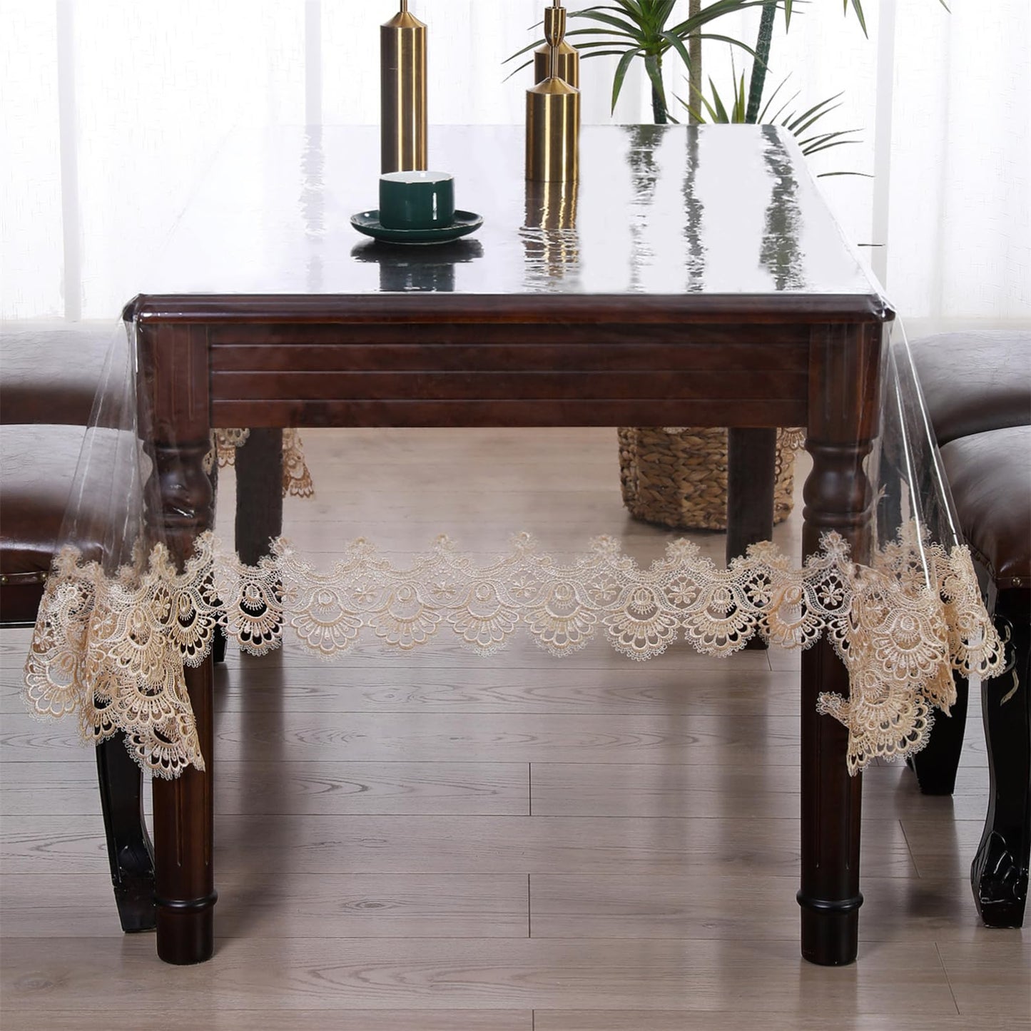 Rakila Clear Plastic Rectangle Tablecloth Vinyl Waterproof Table Cloth Embroidered Lace Edge Transparent Table Cover for Dining Kitchen Outdoor(60 x 86 inch, Coffee Style 3)