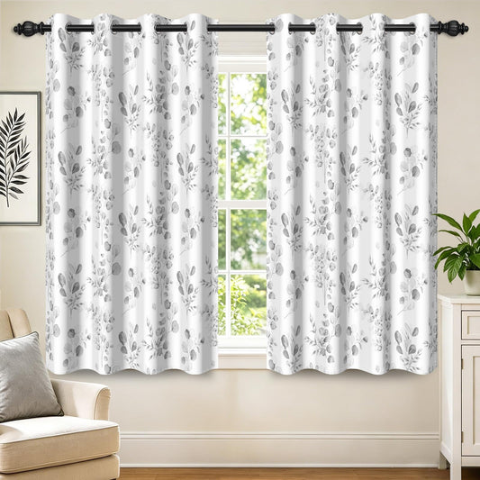 GICDSU Gray Botanical Leaf 90% Blackout Curtains 63 Inches Long Watercolor Floral Print Room Darkening Curtains with Grommet Country Soundproof Insulated Window Drapes for Bedroom Living Dining Room
