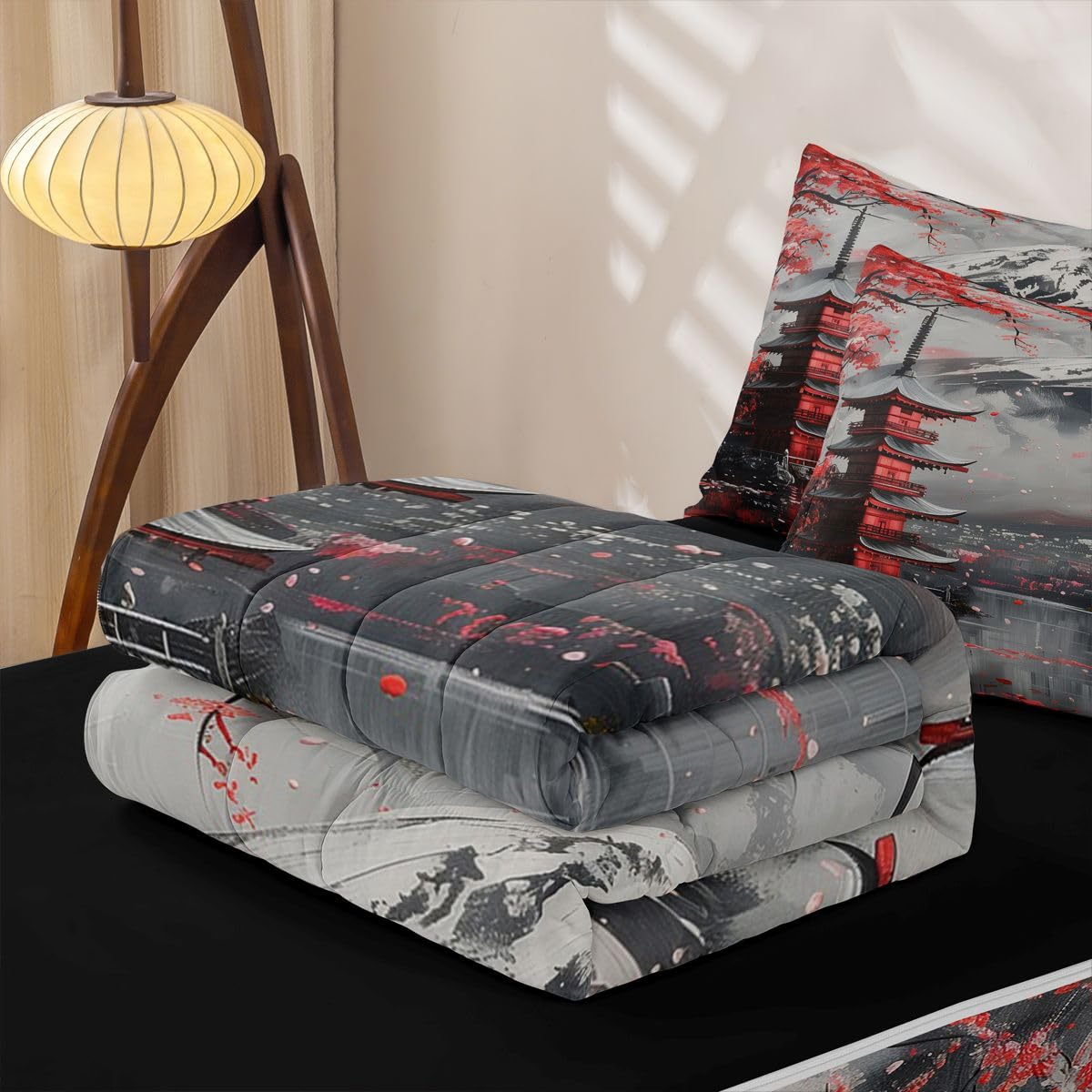 Erosebridal Cherry Blossom Zipper Bedding Vintage Japanese Art Twin Bed in a Bag Set for Boys Girls Teen Mount Fuji Pavilions Kids Comforter Set with Fitted Sheet Red Flowers Zip Up Bedding