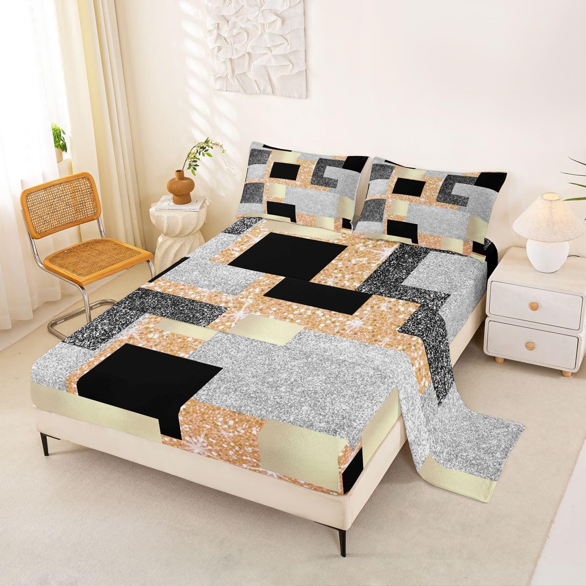 Feelyou Modern Abstract Bed Sheets Set Queen Size Geometric Aesthetic Bed Set Yellow Glitter Deep Pocket Fitted Sheet Breathable Soft Lightweight Microfiber
