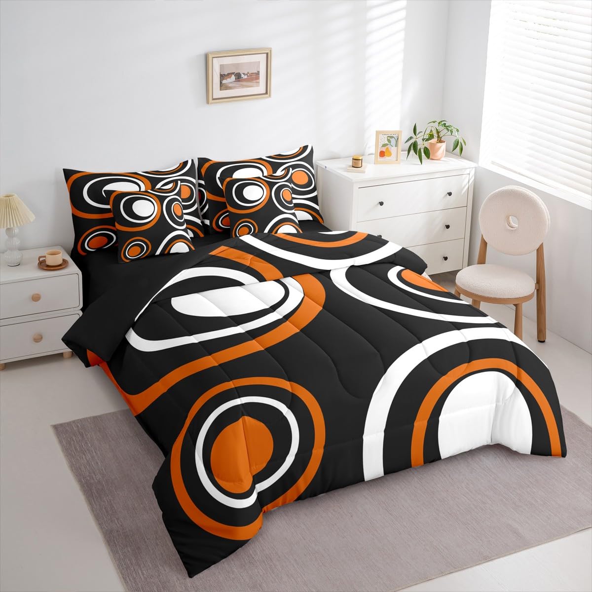 Erosebridal Orange Black Abstract 7-Piece Bedding Set Full Modern Striped Circles Bed in a Bag for Adult Women Men Boho Geometric Art Aesthetic Comforter Set Black White Abstract Duvet Insert