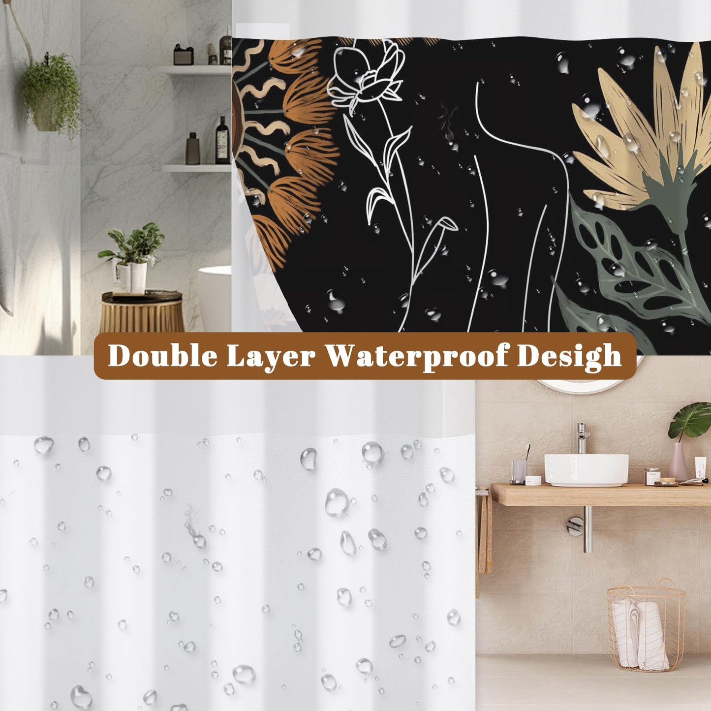 Xiazhilaio Abstract Boho Shower Curtain with Snap in Liner & Mesh Top Window - 71″W x 74″L Waterproof Fabric, Modern Floral Botanical Line Art Bathroom Curtain, Hotel Style No Hooks Bath Curtain Set