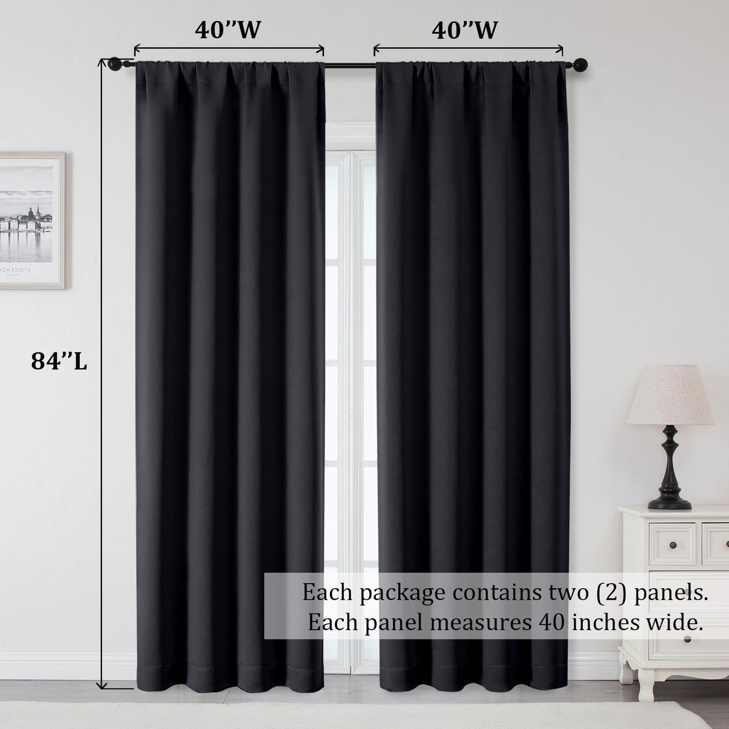 OWENIE Sally Blackout Curtains 84 Inches Long 2 Panels Set for Bedroom Living Room, Solid Thermal Insulated Privacy Room Darkening Window Treatment Drapes, 2 Pcs Each W40 x L84 Inch, Black