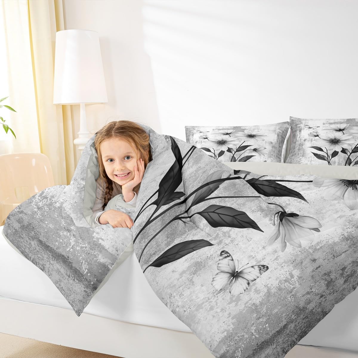 Erosebridal Watercolor Flowers Queen Comforter Set Abstract Oil Painting Daisy Bedding Set Rustic Farmhouse Bed Set Ombre Grey White Quilt Set